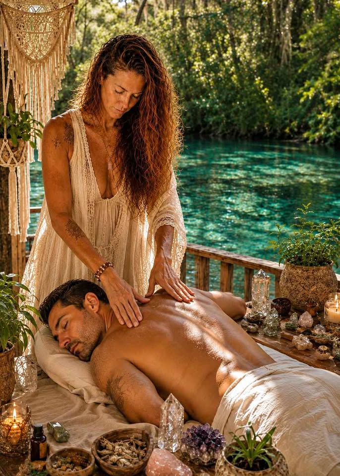 Riverside massage session under the trees